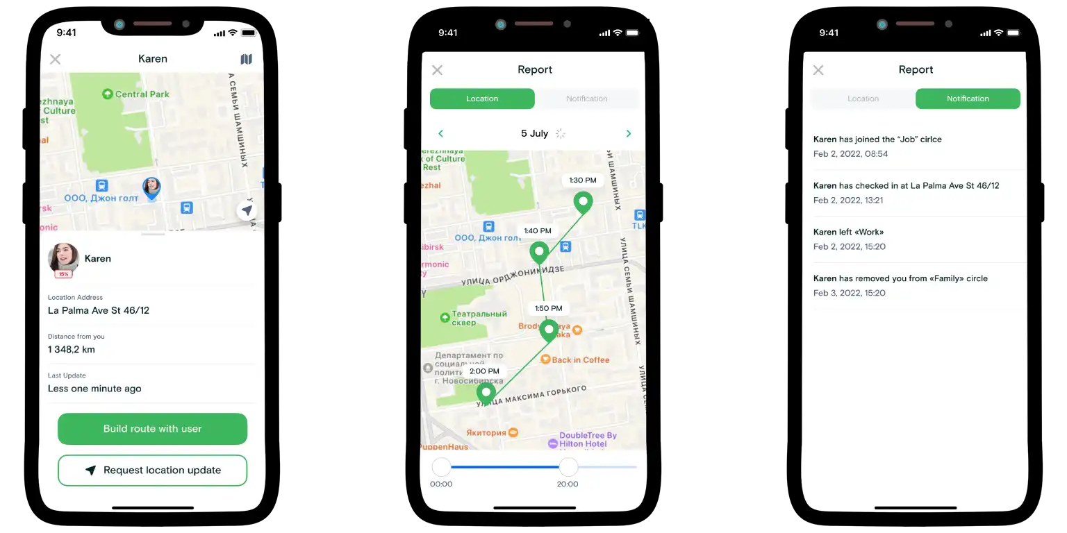 A screenshot from the Number Tracker app that tracks the path of a family member.