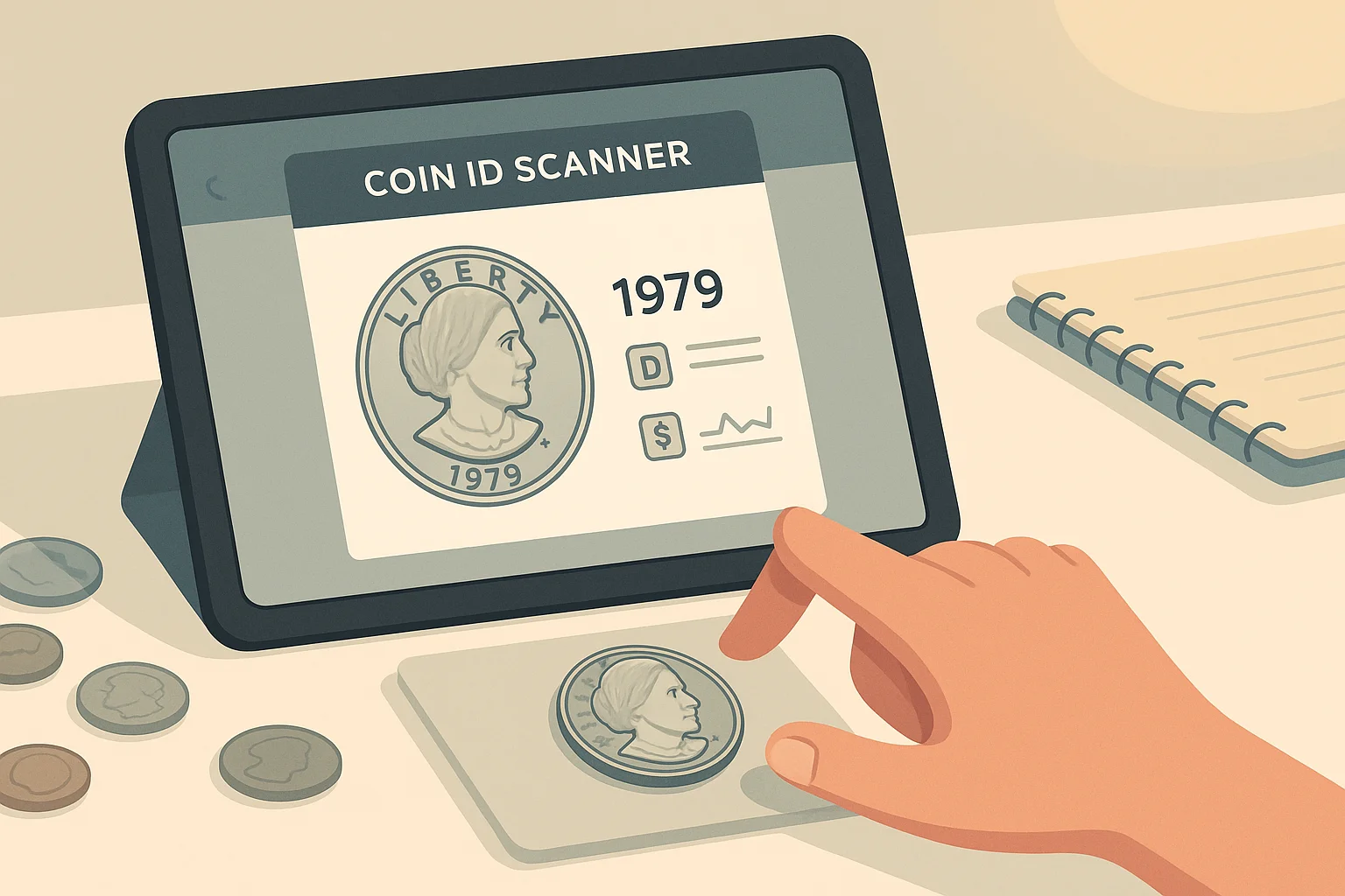 A collector pointing at the SBA dollar in a protective cover.