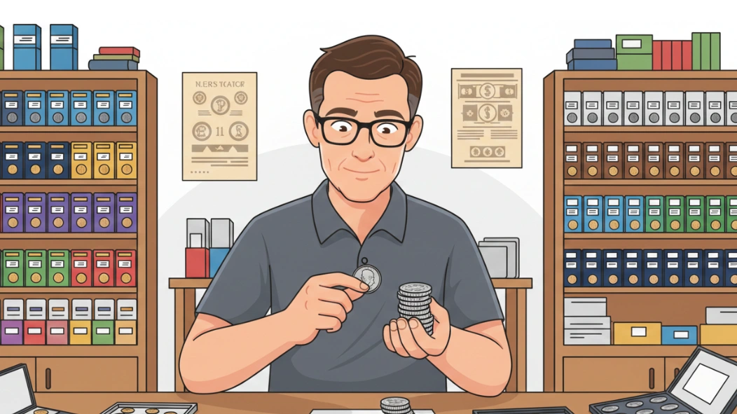 A coin shop interior where a dealer evaluates a small stack of Roosevelt dimes worth money