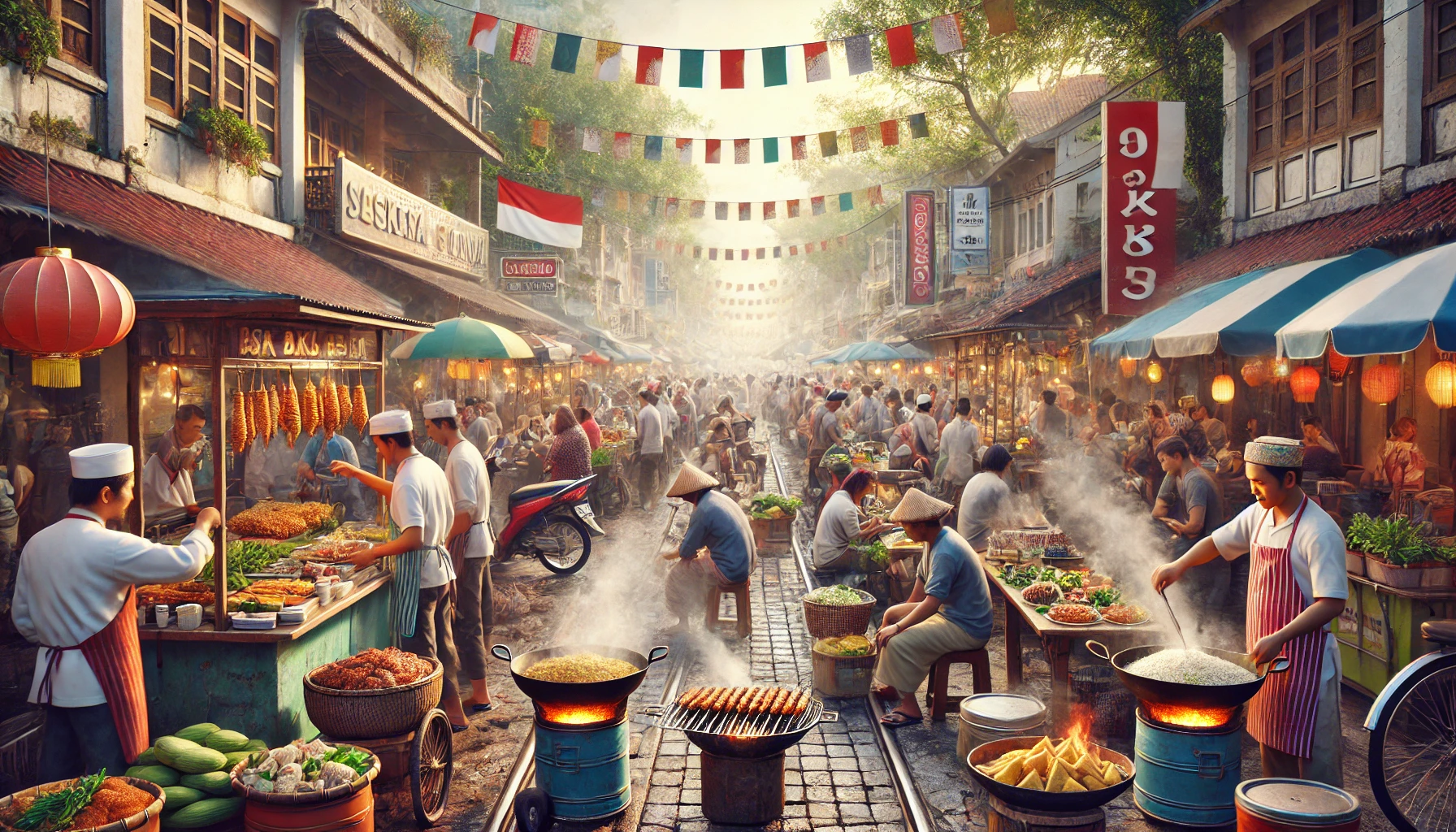 A bustling street food market in Indonesia at dusk, vividly illustrating diverse culinary offerings